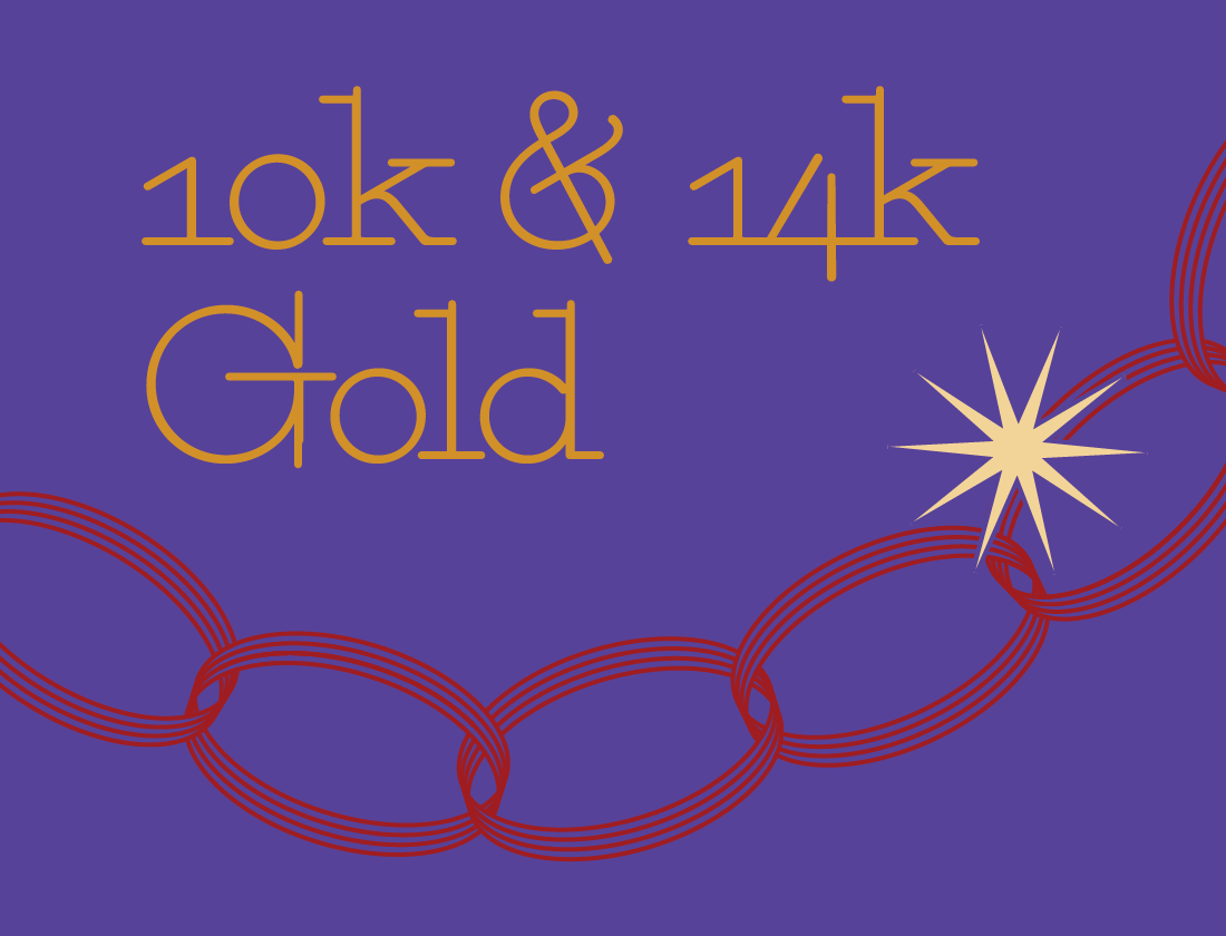 Chain illustration with text '14k and 10k gold'.