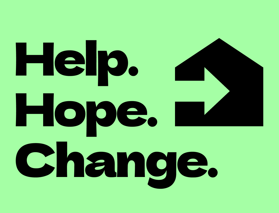 Tagline with logo. Text reads 'Help. Hope. Change.'