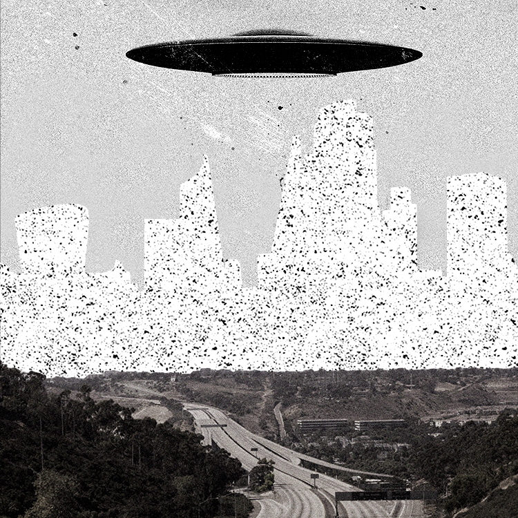 Collage of a UFO overlooking a city.